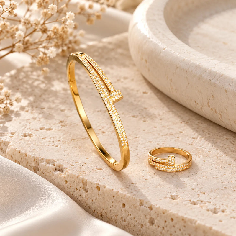 Set Clou – Gourmette & Bague en Acier Inoxydable Doré-2
