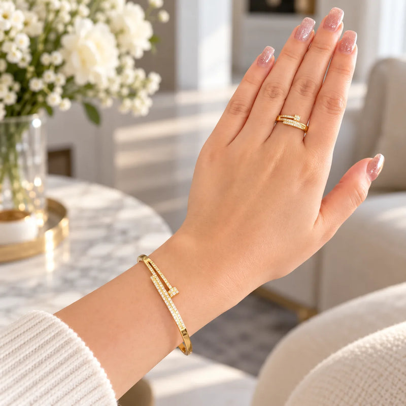 Set Clou – Gourmette & Bague en Acier Inoxydable Doré-1