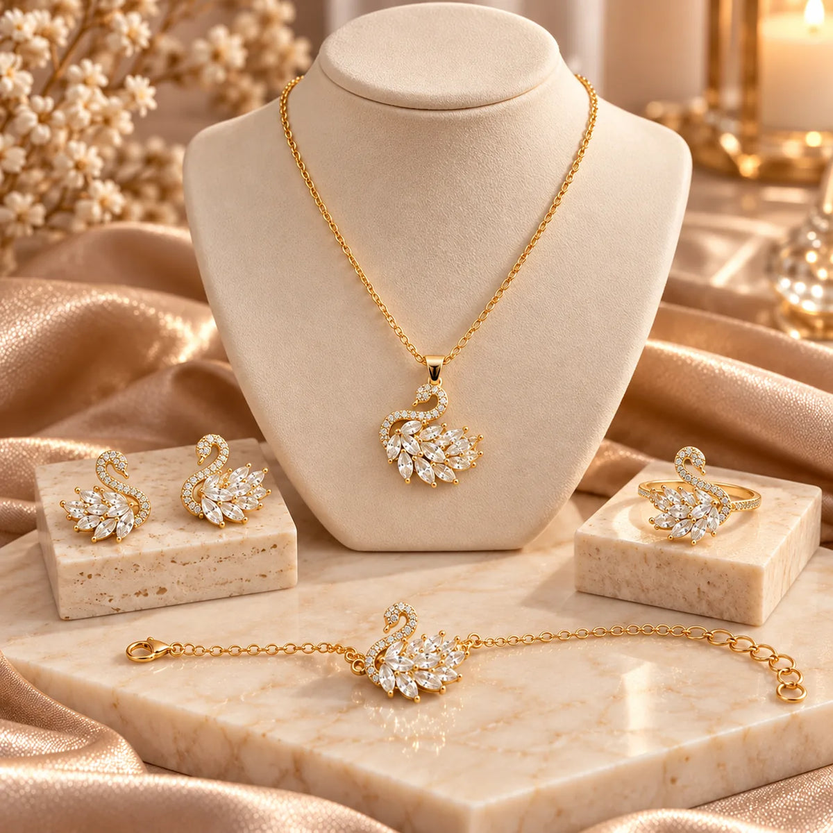 Parure Swan 4 Pièces – Acier Inoxydable Doré