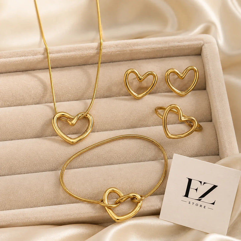 Parure Cœur 4 Pièces - Acier Inoxydable Doré-4
