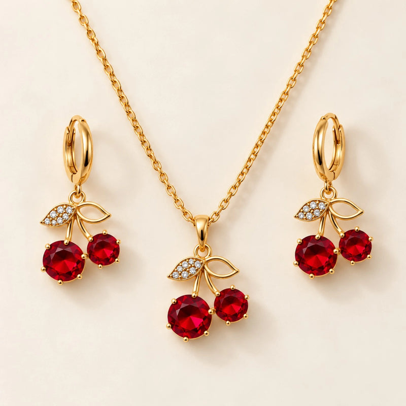 Parure Cerise – Collier & Boucles d’Oreilles en Acier Inoxydable-1
